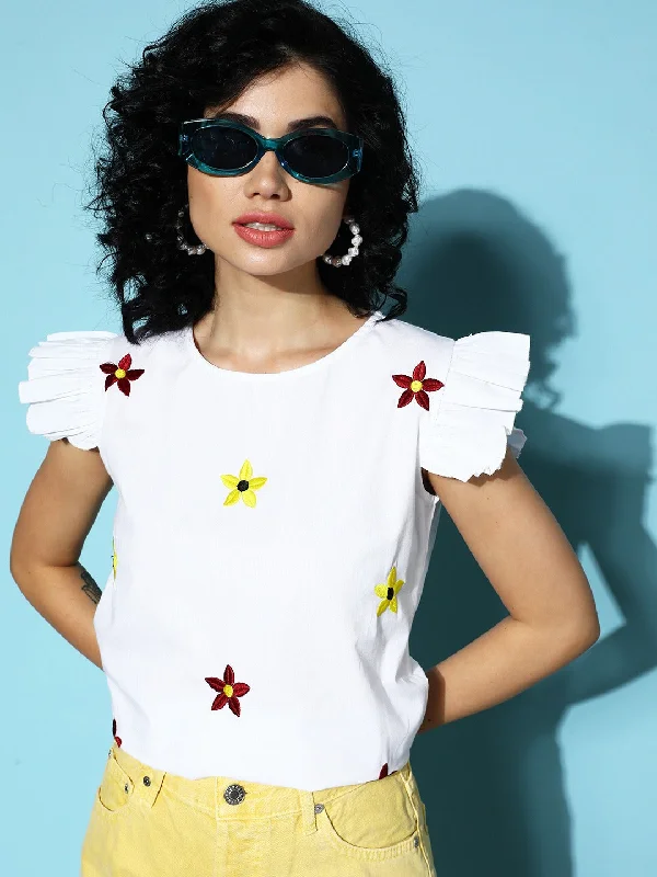 Berrylush Women White & Maroon Floral Printed Round Neck Cotton Embroidered Regular Top Minimalist floral dresses