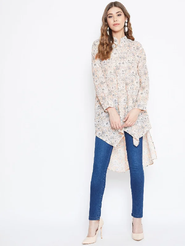 Berrylush Women Beige Floral Print Mandarin Collar High-Low Top Date night floral dresses Berrylush Women Beige Floral Print Mandarin Collar High-Low Top Date night floral dresses