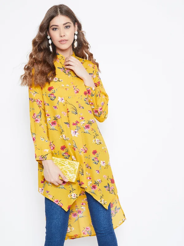 Berrylush Women Yellow Floral Print Mandarin Collar High-Low Top Halter floral dresses Berrylush Women Yellow Floral Print Mandarin Collar High-Low Top Halter floral dresses
