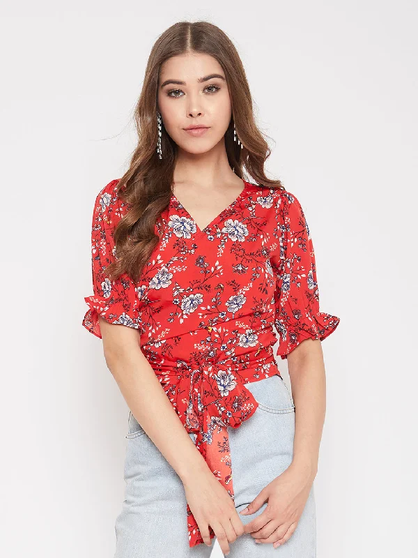 Berrylush Women Red & White Floral Printed V-Neck Tie-Up Knot Wrap Top Luxury floral dresses Berrylush Women Red & White Floral Printed V-Neck Tie-Up Knot Wrap Top Luxury floral dresses