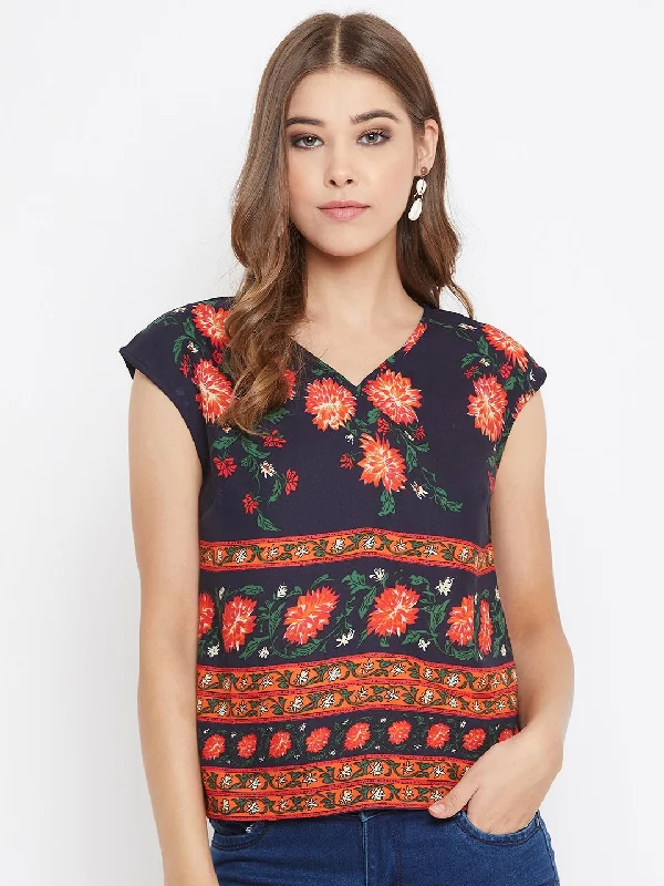 Berrylush Women Navy Blue Floral Print V-Neck Regular Top Cheap floral dresses