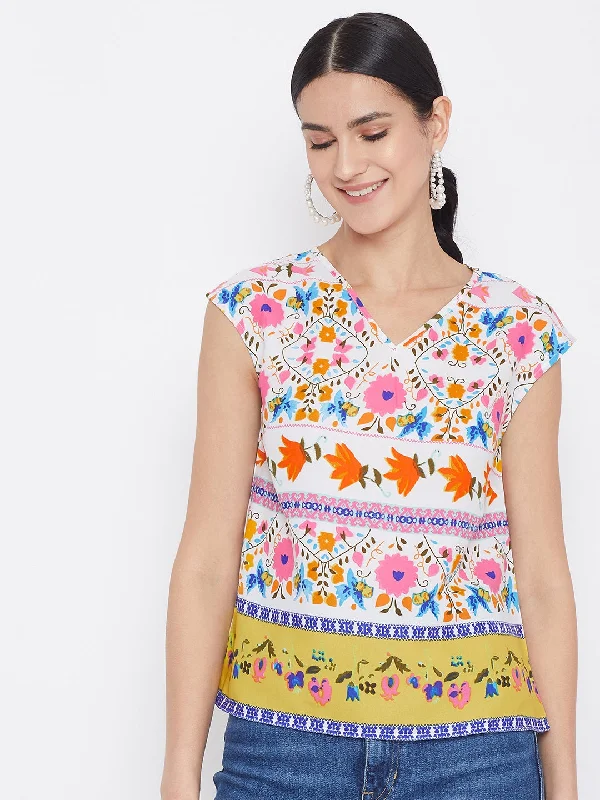 Berrylush Women White & Multicolour Floral Printed V-Neck Cap Sleeve Regular Top Cocktail floral dresses Berrylush Women White & Multicolour Floral Printed V-Neck Cap Sleeve Regular Top Cocktail floral dresses