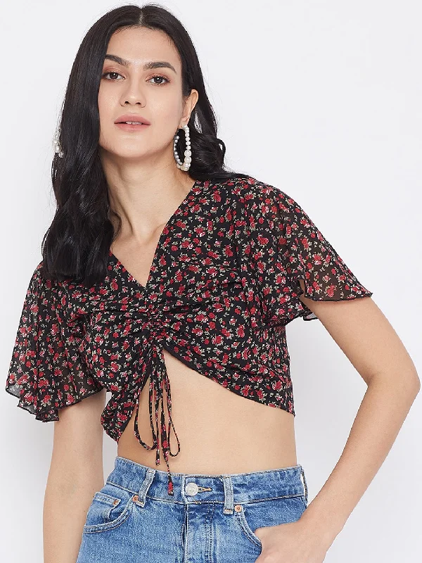 Berrylush Women Navy Blue & Red Floral Printed V-Neck Front Tie-Up Gathered Crop Top Tiered floral dresses