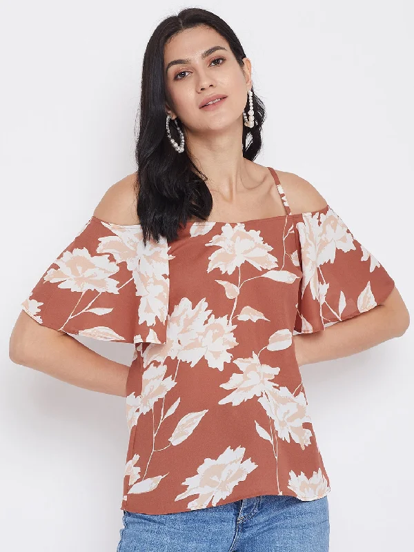 Berrylush Women Brown Floral Printed Cold Shoulder Bardot Top Brunch floral dresses