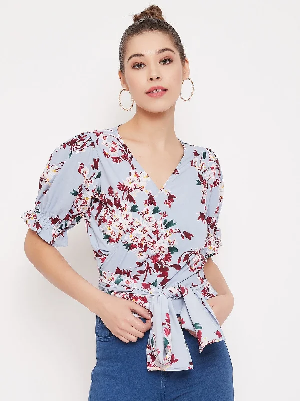 Berrylush Women Blue Floral Printed V-Neck Wrap Top New Year's Eve floral dresses