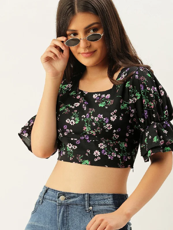 Berrylush Women Black Floral Printed Square-Neck Ruffled Crop Top A-line floral dresses Berrylush Women Black Floral Printed Square-Neck Ruffled Crop Top A-line floral dresses