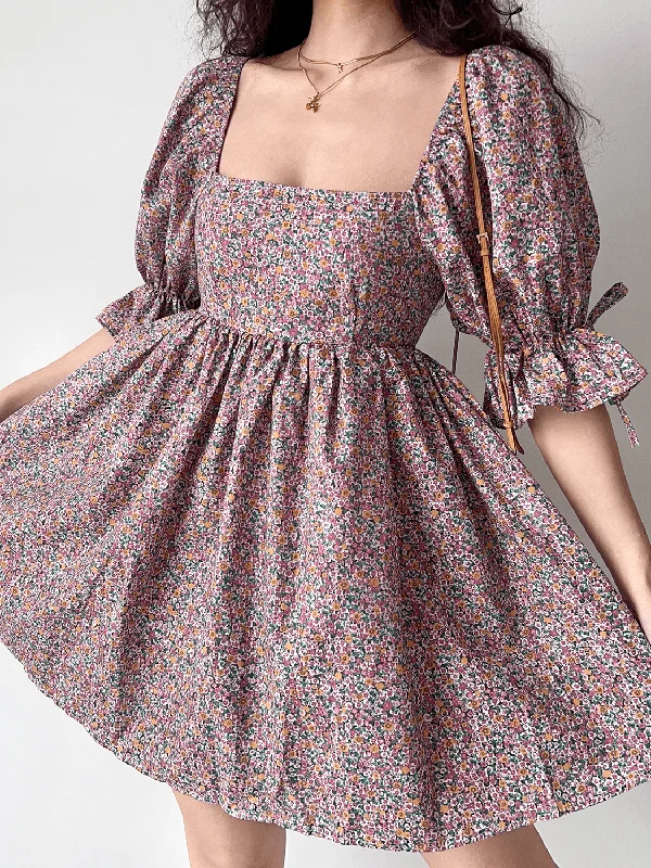 Chicdear Vintage Square Neck Puff Sleeve Floral Dress Knitted floral dresses