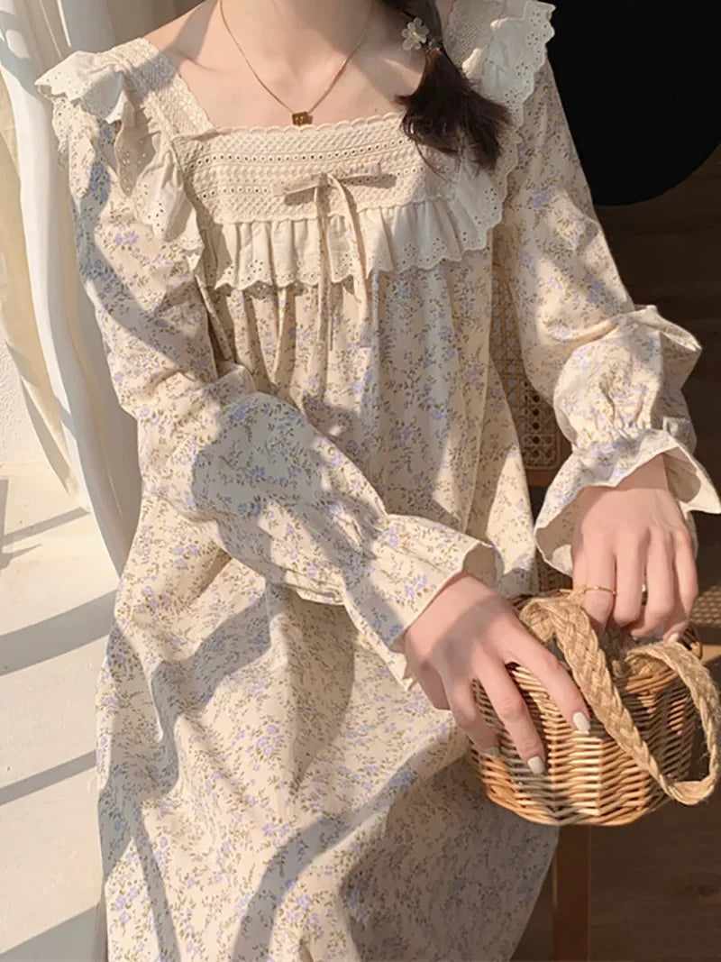 Chicdear Women Korean Japan Sweet Princess Nightgowns Pure Cotton Floral Print Fairy Night Dress Summer Long Sleeve Vintage Sleepwear Silk floral dresses Chicdear Women Korean Japan Sweet Princess Nightgowns Pure Cotton Floral Print Fairy Night Dress Summer Long Sleeve Vintage Sleepwear Silk floral dresses