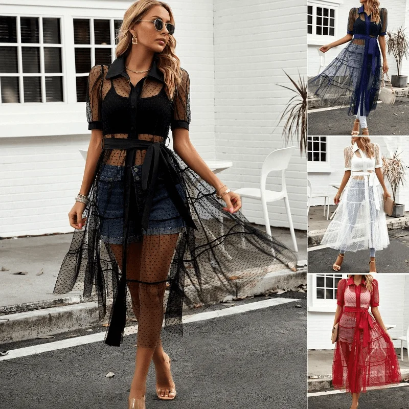 Sheer Mesh Perspective A-line Waist-Cinching Short Sleeve Dress Pleated Mini Denim