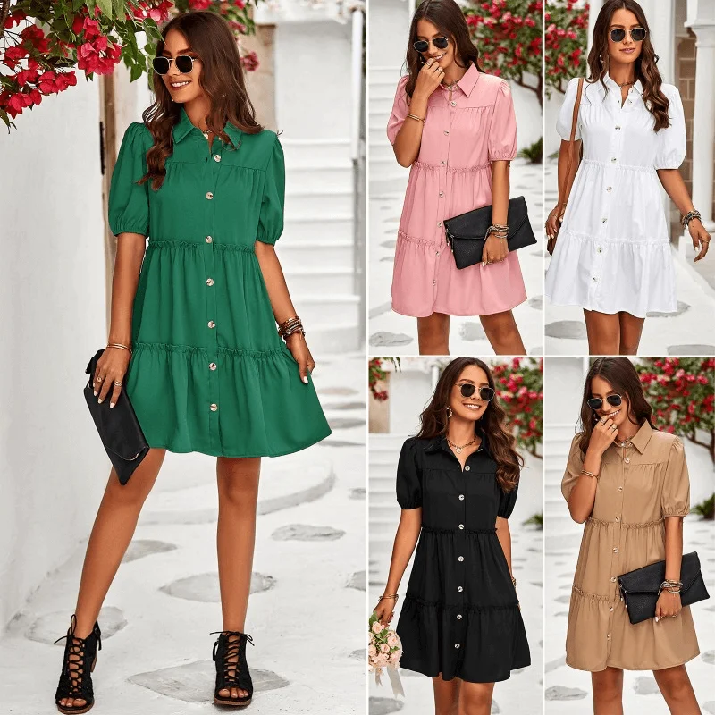 Summer Elegance Bubble Sleeve Solid Color Short Dress High-Waist Skirt Look