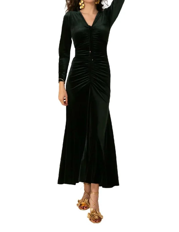 Lya Shirred Velvet Maxi Dress In Emerald Casual Maxi Skirt
