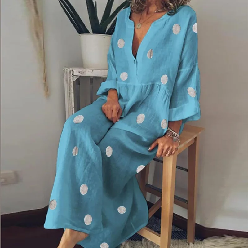 Retro Polka Dots Empire Waist Long Dress Summer Floral Maxi