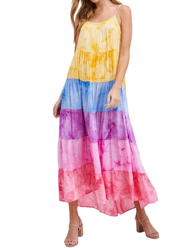 Tiered Maxi Dress With Tassel Straps In Rainbow Tulle Layered Maxi