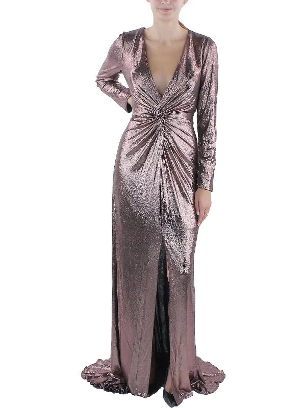 Womens Metallic Maxi Evening Dress Pleated A-line Skirt