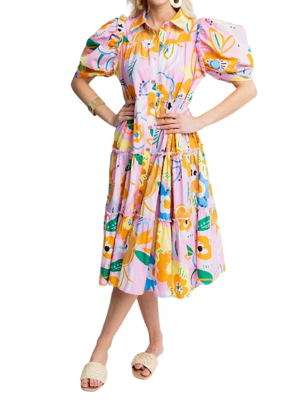 Artist Floral Tier Midi Dress In Pink Front Button Midi