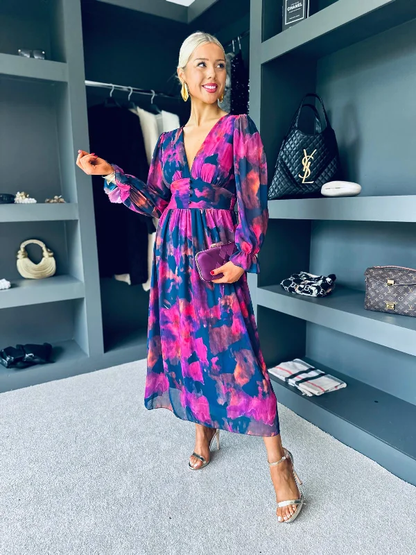 Aubree Banded Midi Dress Fuchsia A-line Midi Skirt