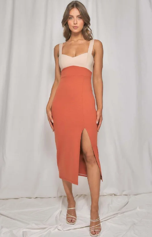 Block Colour Midi Dress with Side Split Printed Satin Midi