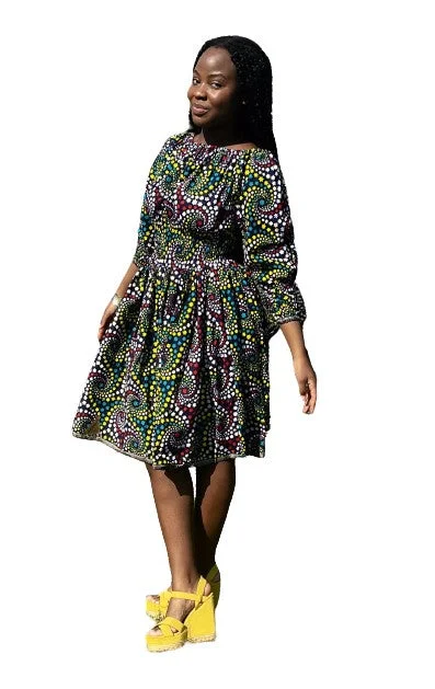 African on and off the shoulder Floral Midi knee Length dress, African Print. Midi Skirt with Pockets