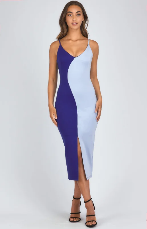 Block Colour Midi Dress With Front Split Detail Printed Midi Outfit