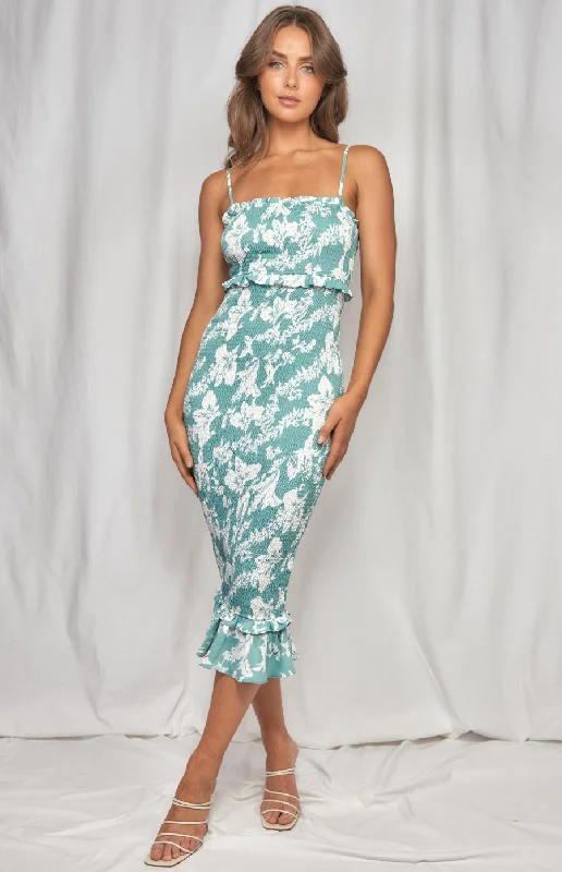 Printed Shirred Midi Dress With Frill Waist Detail Midi Skirt Style
