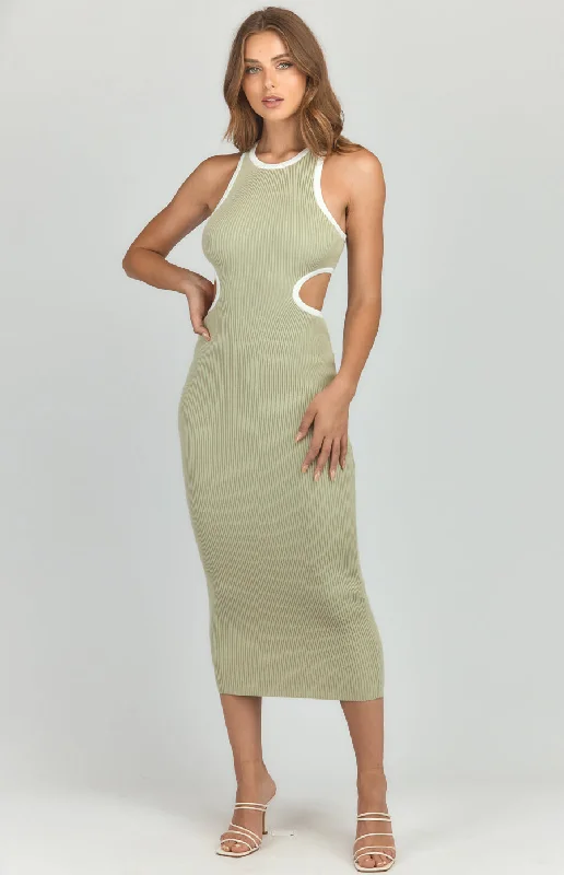 Contrast Binding Side Cut Out Detail Midi Dress Midi Skirt Dress