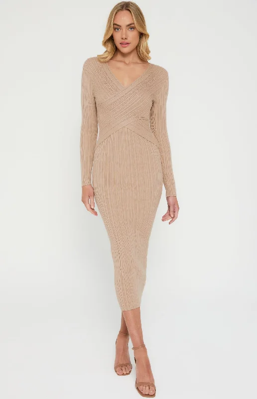 Cross Front Detail Textured Knit Midi Dress Long Midi Skirt