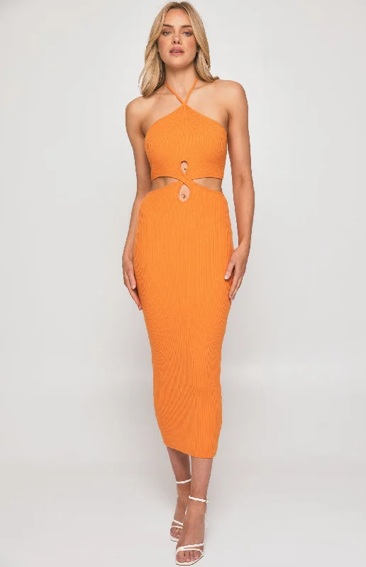 Halter Neck Knit Midi Dress with Loop Cut Out Details Pleated Satin Skirt