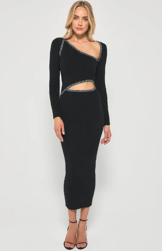 Knit Midi Dress with Lurex Contrast Binding Casual A-line Skirt