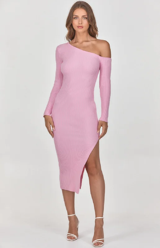 One Shoulder Knit Midi Dress with Side Split Button-down Midi Skirt