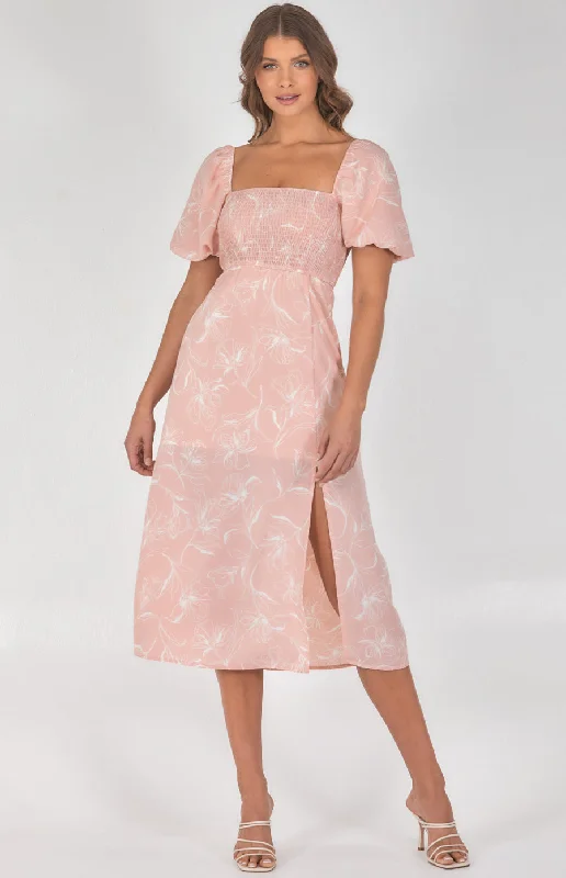 Printed Shirred Bodice Midi Dress with Puff Sleeves Elegant Midi Look