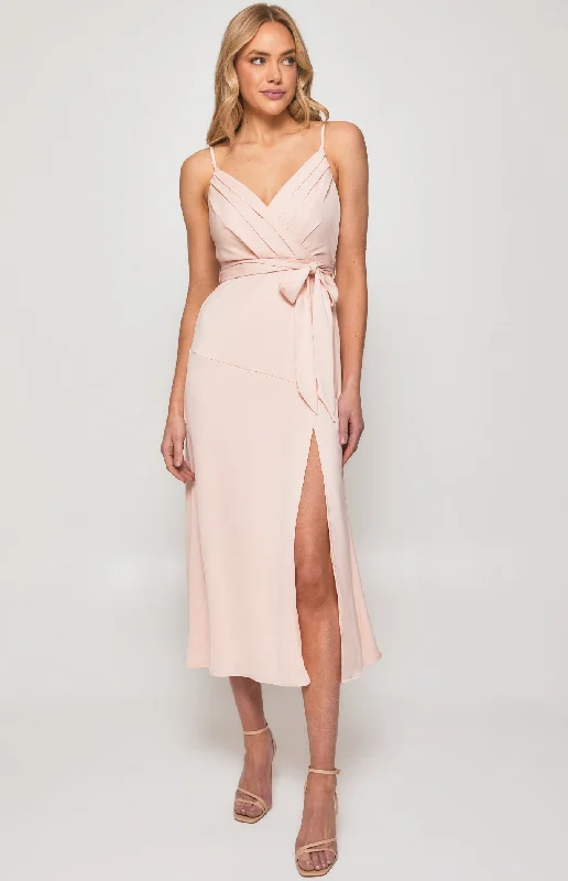 Satin Midi Dress with Pleated Front Detail and Split Cotton Midi Skirt