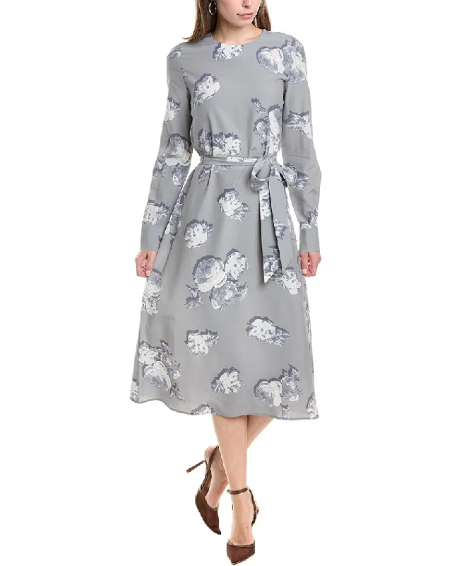 St. John Rose Print Silk-Blend Midi Dress Classic A-line Skirt