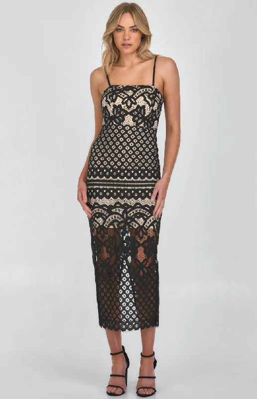 Strapless Lace Placement Panel Midi Dress Midi Skirt Trendy