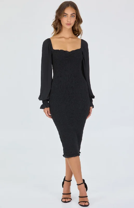 Shirred Chiffon Midi Dress Elegant Satin Skirt