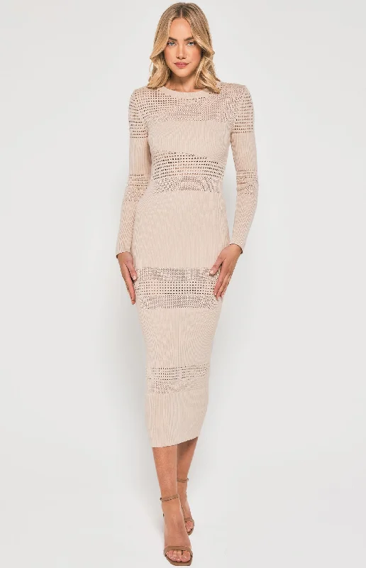 Textured Contrast Panel Knit Midi Dress Soft Midi Skirt
