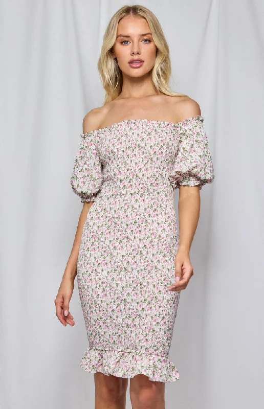 Printed Off The Shoulder Shirred Midi Dress Black Midi Skirt
