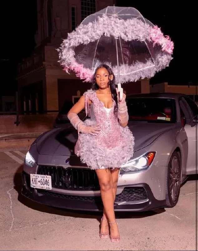 Pink Luxury Crystal Feather Birthday Homecoming Gown Spring unclassified dresses