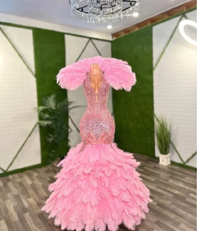 Luxury Peach Pink Prom Dress 2024 Sparkling See Through Diamante Beaded Applique Feather Mermaid Black Girl Vestidos De Gala Cotton unclassified dresses