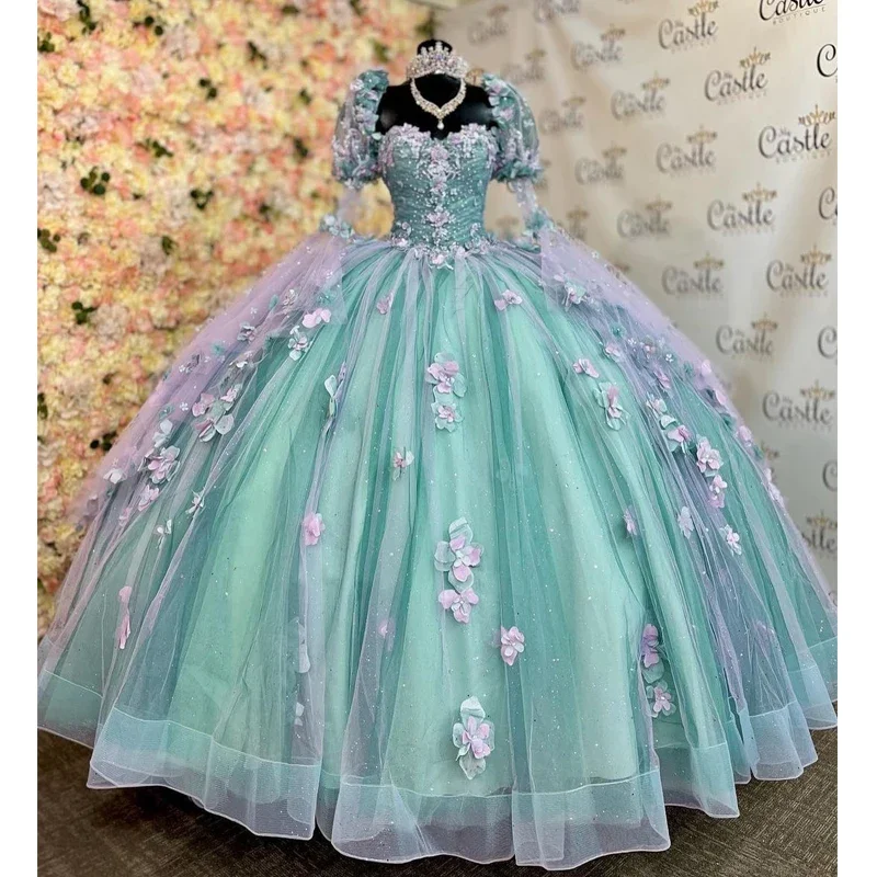 Mint Blue Quinceanera Dresses 2024 Half Sleeve Ball Gown Appliques Beading Sweet 16 15 Dress Vestidos De Fiesta Luxury unclassified dresses