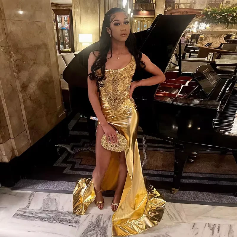 One Shoulder Golden Appliques Satin Dress With Slit Floor Length Elegang Mermaid Dresses Custom Made Women Clothing Free Shippin Dark color unclassified dresses