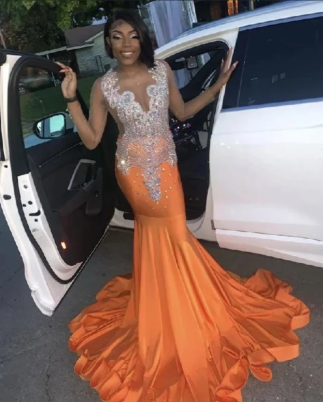 Orange African American Prom Dresses Mermaid Sheer Beaded Crystals Black Girls Nigeria Robe De Soiree Evening Dress Gown Club unclassified dresses