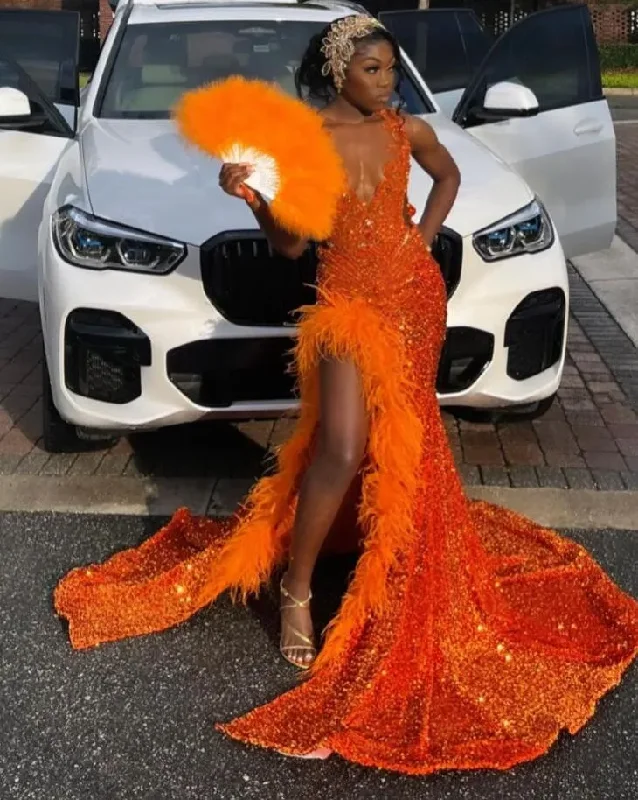 Orange Sparkly African Evening Reception Dresses for Women Luxury Diamond Crystal Feather Slit Prom Gown vestidos de fiesta Chic unclassified dresses Orange Sparkly African Evening Reception Dresses for Women Luxury Diamond Crystal Feather Slit Prom Gown vestidos de fiesta Chic unclassified dresses