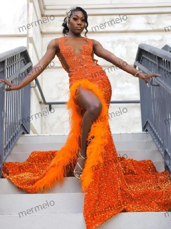 Orange Sparkly African Evening Reception Dresses Discounted unclassified dresses