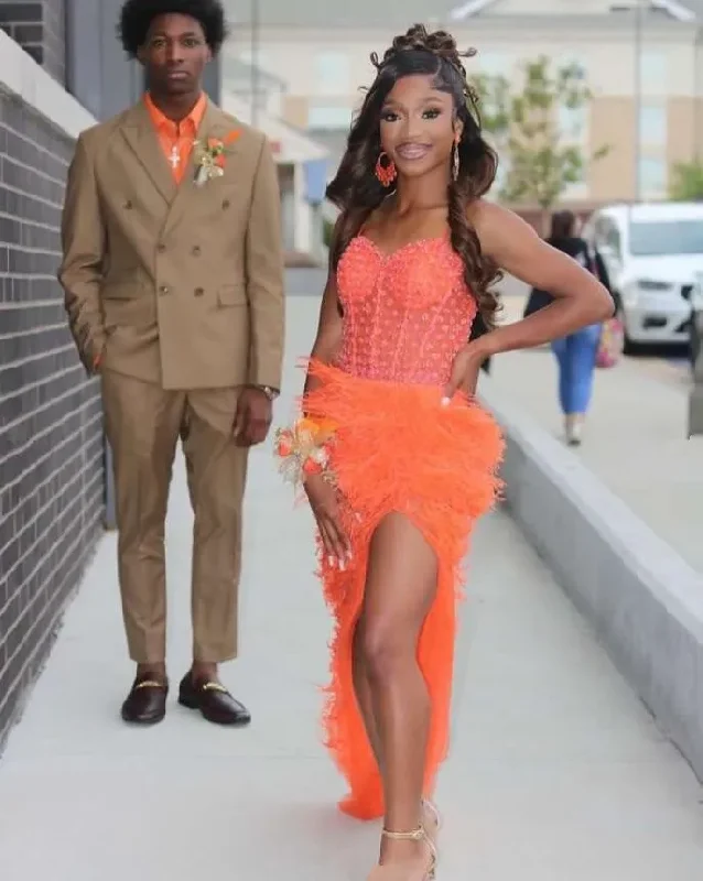 Orange Sweetheart Prom Homecoming Dress for Black Girl Luxury Ostrich Feathered sexy Slit Corset Top Birthday Gown for Women Long sleeve unclassified dresses Orange Sweetheart Prom Homecoming Dress for Black Girl Luxury Ostrich Feathered sexy Slit Corset Top Birthday Gown for Women Long sleeve unclassified dresses