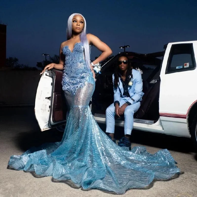 Pale Blue Trumpte Prom Formal Dress for Women Sparkly Diamond Crystal Black Girl Birthday Runway Gown Gillter Celcebrity dresses Wrap unclassified dresses