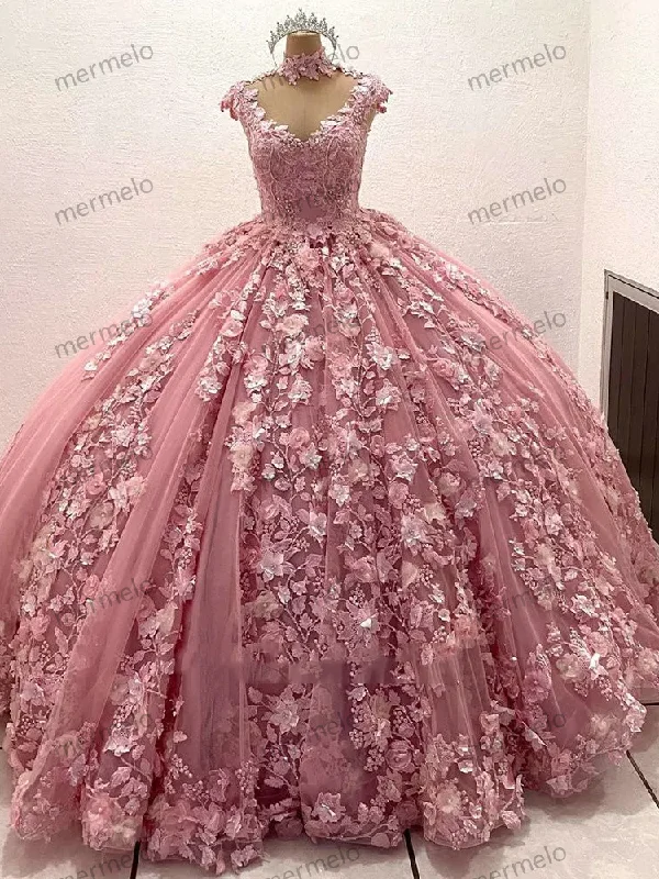 Pink 3D Flowers Quinceanera Dresses Luxury Pearls Beading Appliques One-shoulder unclassified dresses Pink 3D Flowers Quinceanera Dresses Luxury Pearls Beading Appliques One-shoulder unclassified dresses