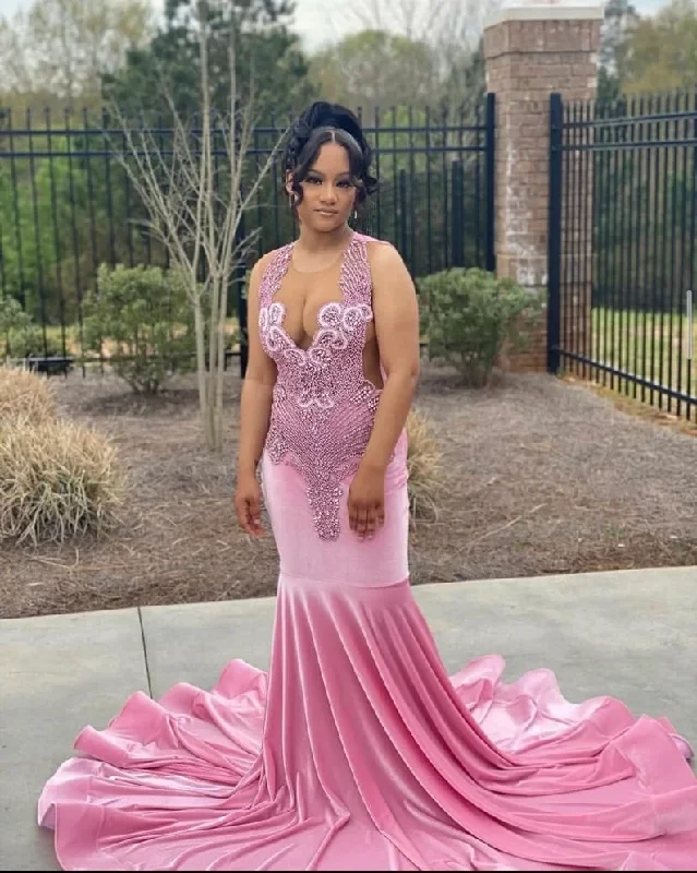 Pink African American Prom Dresses Mermaid Sheer Vevlet Beaded Black Girls Nigeria Robe De Soiree Evening Dress Gown Minimalist unclassified dresses Pink African American Prom Dresses Mermaid Sheer Vevlet Beaded Black Girls Nigeria Robe De Soiree Evening Dress Gown Minimalist unclassified dresses