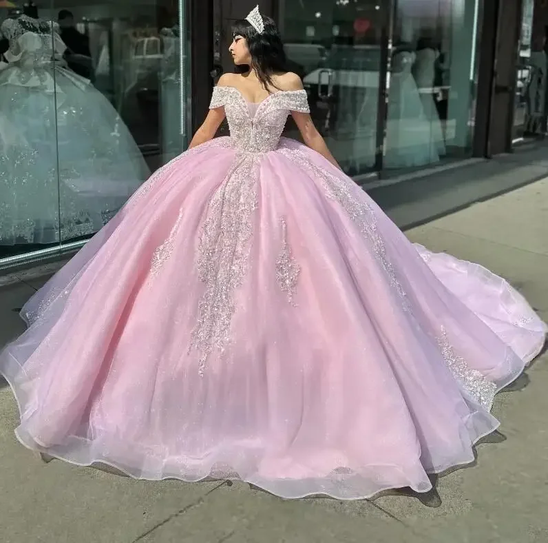 Pink Shiny Quinceanera Dress Off The Shoulder Mexican Vestidos De 15 Princess Sweet 16 Birthday XV Ball Gown Cinderella dress Minimalist unclassified dresses