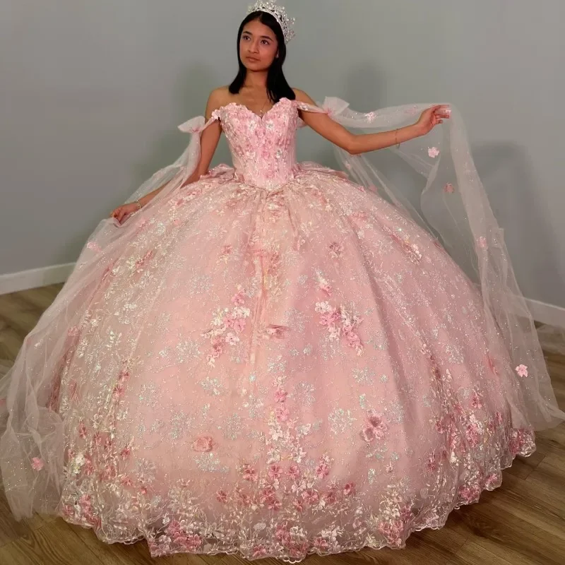 Pink Sparkly Crystal Appliques 3DFlower Quinceanera Dresses Ball Gown Sleeveless Beading Ruffles Corset For Sweet 15 Girls Mesh unclassified dresses