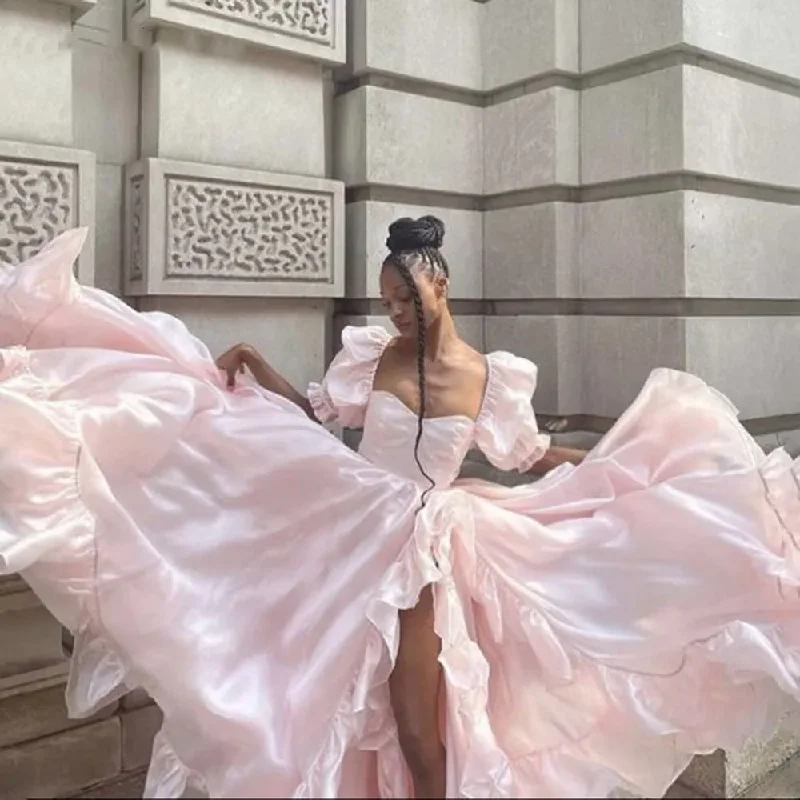 Pink Sweet Fluffy Sleeve Adult Ceremony Graduation Gown Elegant Women's Square Neck Princess A-line Asymmetric Pleated Prom Gown Lightweight unclassified dresses